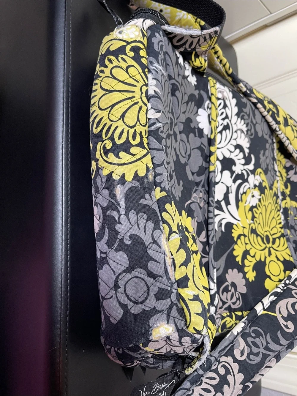 Vera Bradley Black Travel Backpack with Yellow, Gray & Cream Floral Print